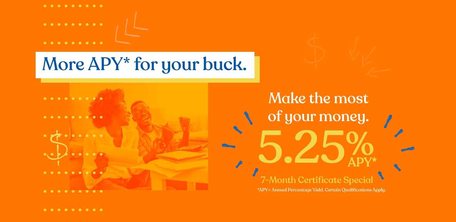 Happy People looking at their bank statement, More APY* for your buck with 5.25% APY*. APY= Annual Percentage Rate. Learn More.